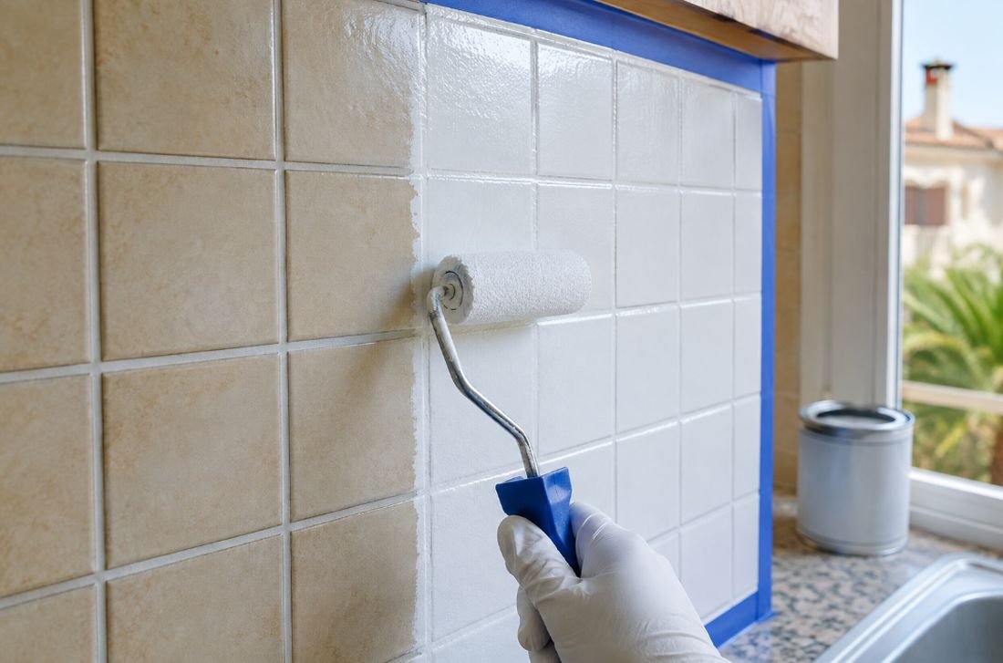 Pintor aplicando esmalte blanco con rodillo sobre el azulejo beige de una cocina, mostrando el contraste entre la zona pintada y la original