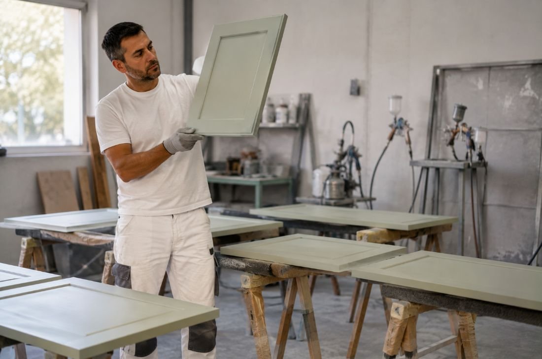 Pintor revisando el acabado de una puerta de mueble de cocina lacada en verde salvia, con más frentes secando sobre caballetes en el taller