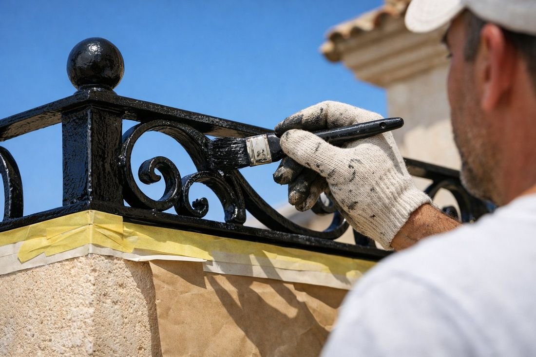 Pintor aplicando esmalte negro sobre barandilla de hierro forjado en un balcón