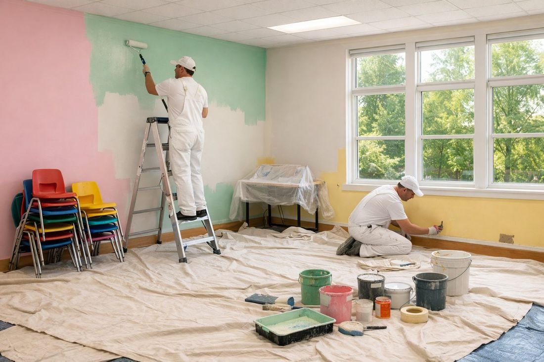 Dos pintores trabajando en un aula escolar con paredes de colores pastel y sillas apiladas