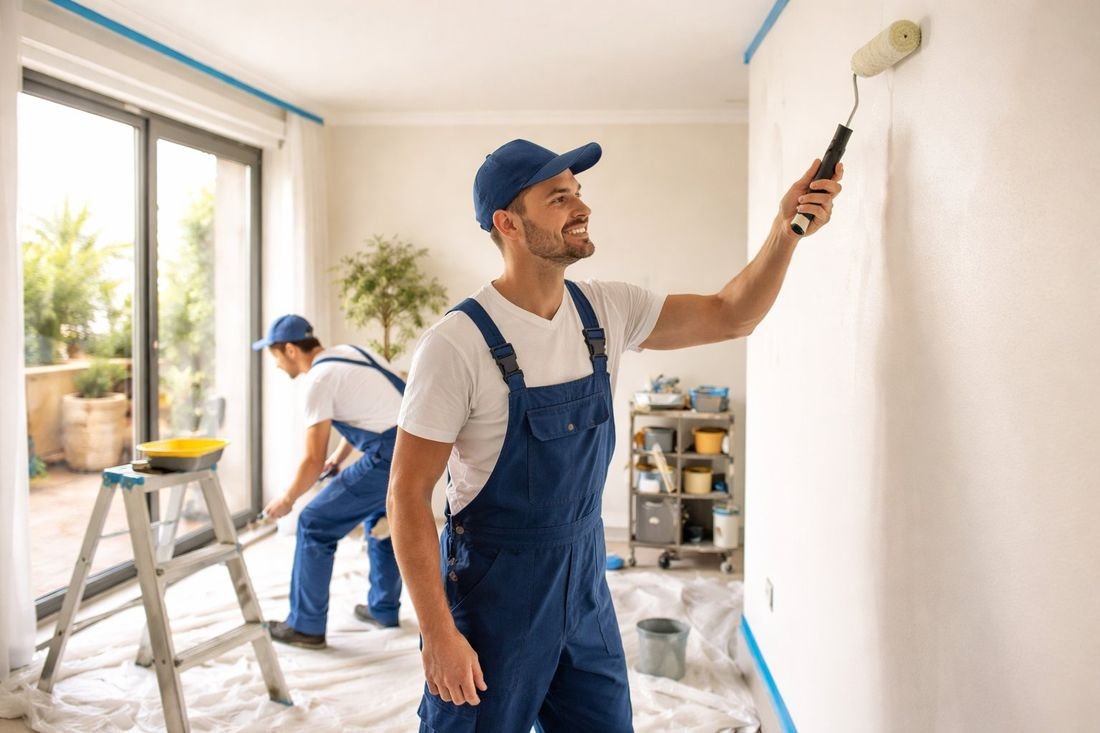 Equipo de pintores profesionales trabajando en el interior de una vivienda en Tarragona