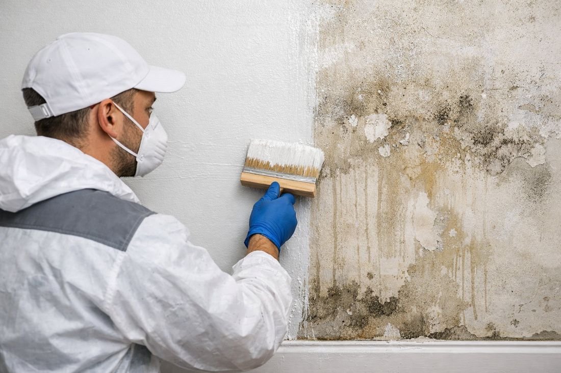 Profesional con mascarilla aplicando tratamiento antihumedad sobre pared afectada
