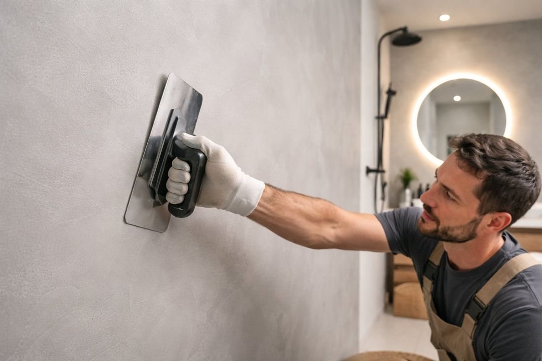 Profesional aplicando microcemento gris con llana en la pared de un baño moderno