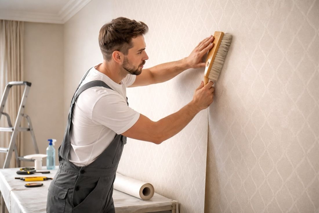 Instalador aplicando papel pintado decorativo en la pared de un salón