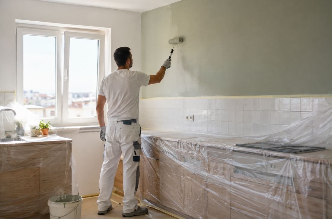 Pintor aplicando pintura verde salvia en la pared de una cocina con muebles y encimera protegidos con plástico