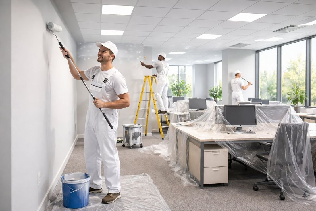 Equipo de pintores renovando una oficina con equipos informáticos protegidos
