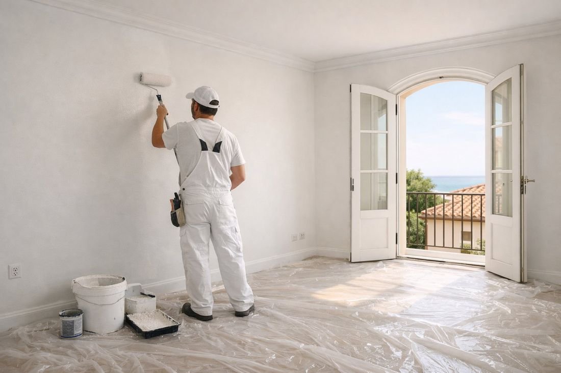 Pintor profesional aplicando pintura en las paredes de un piso en Tarragona