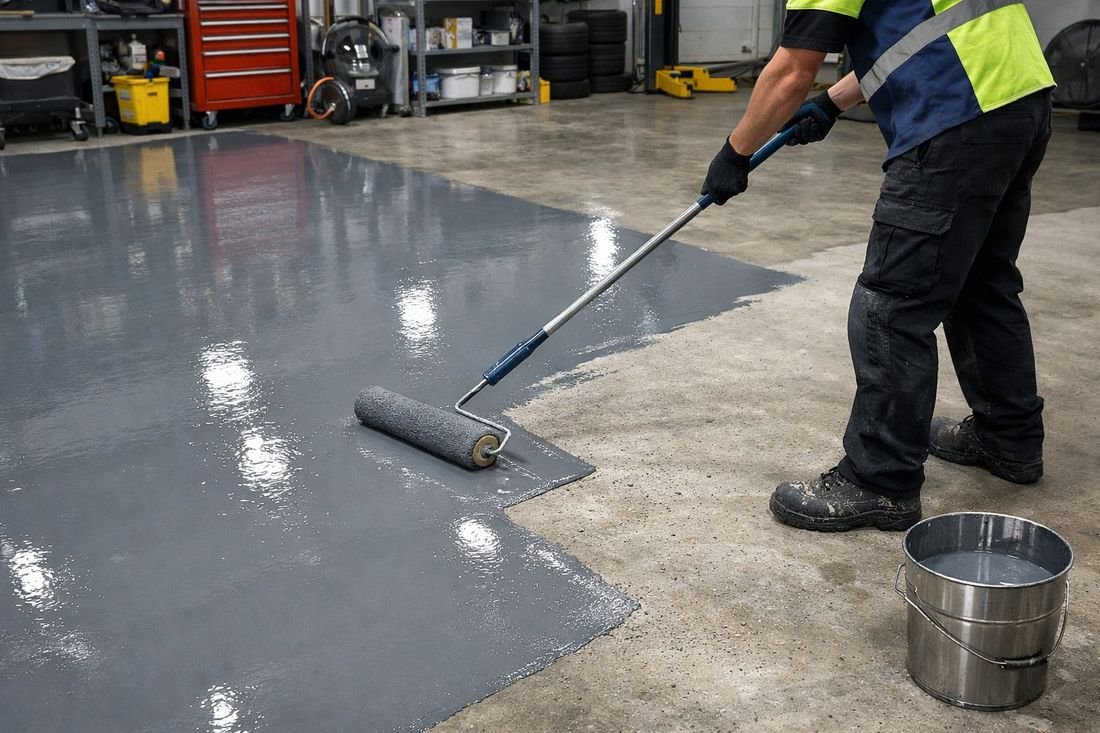 Operario aplicando pintura epoxi gris sobre suelo de hormigón con rodillo