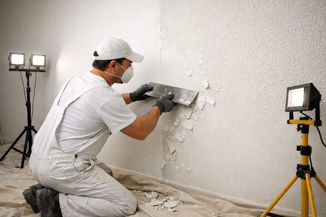 Profesional eliminando gotelé de una pared con espátula y focos de trabajo