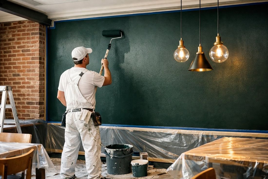 Pintor aplicando pintura verde oscuro en la pared de un restaurante con lámparas colgantes