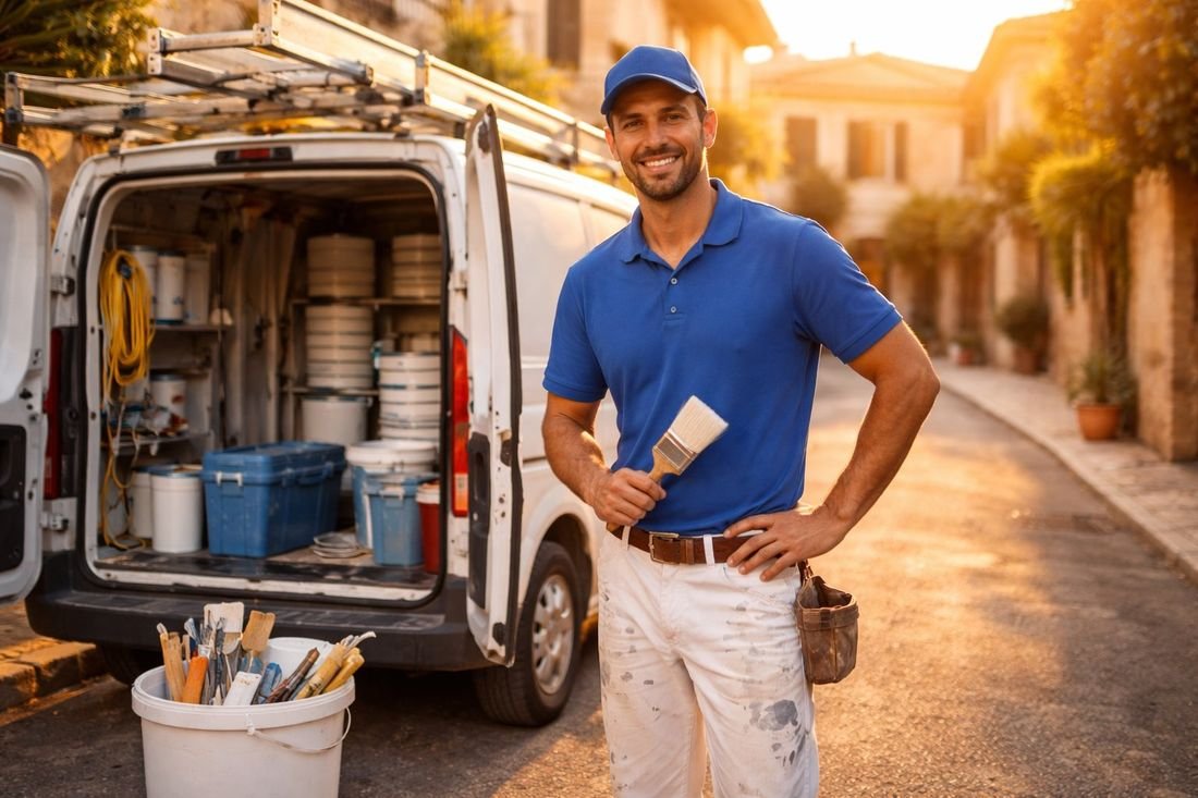 Pintor profesional de Tarrapinta junto a vehículo de servicio